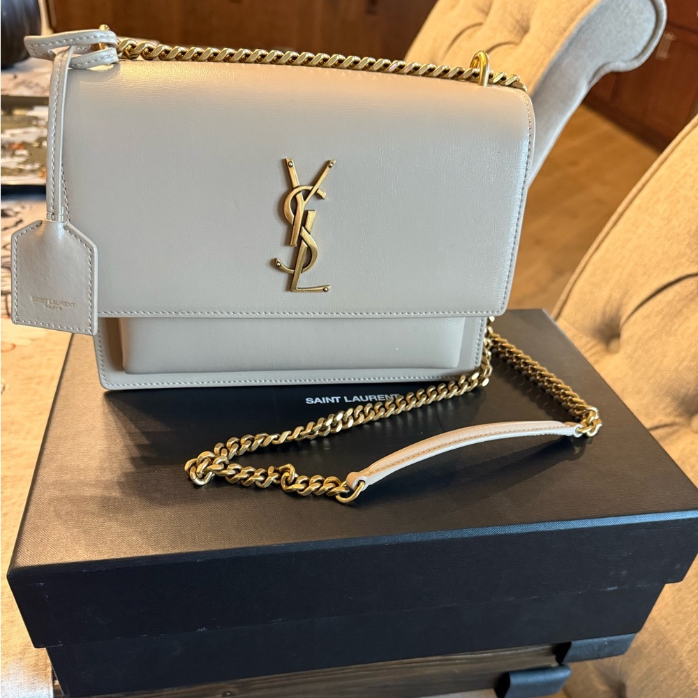 Saint Laurent YSL Sunset Medium in Dark Beige Smooth Leather Crossbody Bag